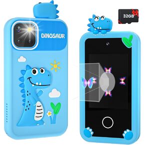 Kids Smart Phone for Boys with 32G Card & Holographic Pyramid, Christmas Birthday Gifts for Age 3-10 Kids Toys Cell Phone, 2.8" Touchscreen Toddler Learning Play Toy, Dual Cameras, Music Player (Blue)