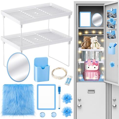 Patelai 12 Pcs Locker Organizer Decorating Kit Back to School Essentials Include Pen Holder Locker Organizer Shelf Mirror Faux Fur Rug Whiteboard with Marker Magnet String Light for Girls (Blue) in Saudi Arabia