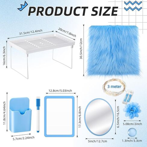 Patelai 12 Pcs Locker Organizer Decorating Kit Back to School Essentials Include Pen Holder Locker Organizer Shelf Mirror Faux Fur Rug Whiteboard with Marker Magnet String Light for Girls (Blue) in Saudi Arabia