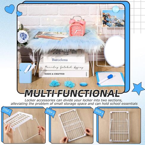 Patelai 12 Pcs Locker Organizer Decorating Kit Back to School Essentials Include Pen Holder Locker Organizer Shelf Mirror Faux Fur Rug Whiteboard with Marker Magnet String Light for Girls (Blue) in Saudi Arabia