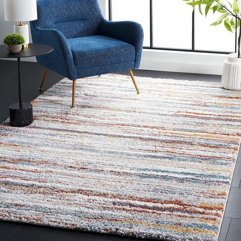 سجادة منطقة مجموعة Safavieh Berber Shag - 8 × 10 بوصة، باللون الأزرق الصدأ والعاجي، تصميم مخطط، لا يتساقط ويسهل العناية به، سمك 1.25 بوصة مثالي للمناطق ذات حركة المرور العالية في غرفة المعيشة وغرفة النوم (BER565A) in Kuwait