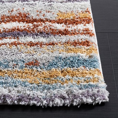 سجادة منطقة مجموعة Safavieh Berber Shag - 8 × 10 بوصة، باللون الأزرق الصدأ والعاجي، تصميم مخطط، لا يتساقط ويسهل العناية به، سمك 1.25 بوصة مثالي للمناطق ذات حركة المرور العالية في غرفة المعيشة وغرفة النوم (BER565A) in Kuwait