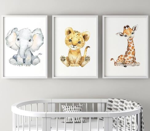 Safari Animals Baby Girl or Boy Nursery Set of 3 Unframed Wall Art Prints, Full Body Baby Animals in Color, Child Bedroom Nursery Decor Posters, Elephant Lion Giraffe (11x14) in Saudi Arabia