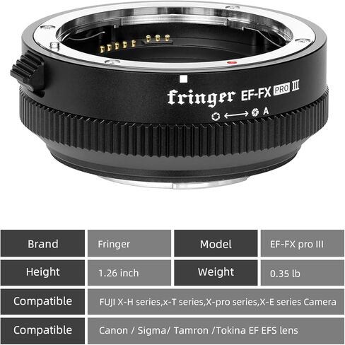 محول عدسة التركيز التلقائي Fringer EF-FX PRO III فتحة إلكترونية مدمجة متوافقة مع عدسة Canon EOS Sigma Tamron EF Series لكاميرا Fujifilm All X-Series X-T5 X-T4 X-T3 XH2S X-S20 X-T30II in Kuwait