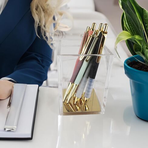 Acrylic Pen Holder, Clear Makeup Brush Holder Modern Elegant Gold Base Design, Office Organizer, Pencil Cup, Cute Pen Holder, Pen Display, Desk Organizer, Brush Holder in Saudi Arabia