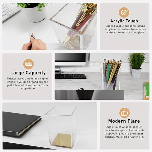 Acrylic Pen Holder, Clear Makeup Brush Holder Modern Elegant Gold Base Design, Office Organizer, Pencil Cup, Cute Pen Holder, Pen Display, Desk Organizer, Brush Holder in Saudi Arabia