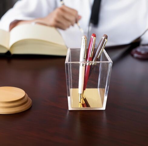 Acrylic Pen Holder, Clear Makeup Brush Holder Modern Elegant Gold Base Design, Office Organizer, Pencil Cup, Cute Pen Holder, Pen Display, Desk Organizer, Brush Holder in Saudi Arabia