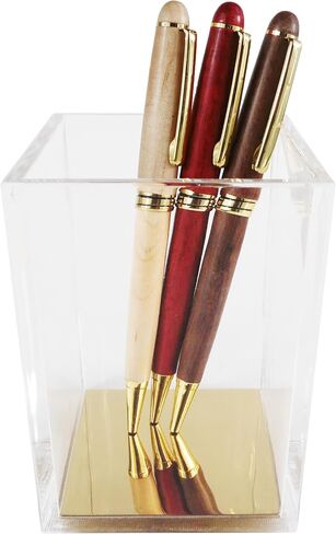 Acrylic Pen Holder, Clear Makeup Brush Holder Modern Elegant Gold Base Design, Office Organizer, Pencil Cup, Cute Pen Holder, Pen Display, Desk Organizer, Brush Holder in Saudi Arabia