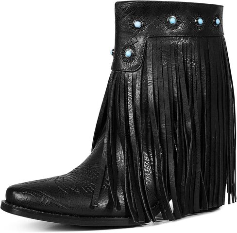 Tscoyuki Fringe The Western Cowgirl أحذية رعاة البقر للنساء بمقدمة مدببة وكعب منخفض مكتنز حذاء الكاحل أنيق سهل الارتداء في الريف والحفلات الموسيقية منتصف الساق in Kuwait