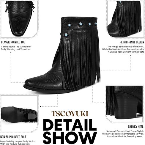 Tscoyuki Fringe The Western Cowgirl أحذية رعاة البقر للنساء بمقدمة مدببة وكعب منخفض مكتنز حذاء الكاحل أنيق سهل الارتداء في الريف والحفلات الموسيقية منتصف الساق in Kuwait