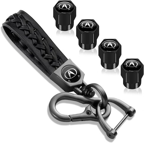 Genuine Leather Keychain for Acura, Car Key Chain with 4PCS Tire Valve Stem Caps for Men Women, Car Accessories, Black in Saudi Arabia