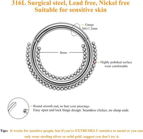 MissNity 16G Clicker Rings 316L Surgical Steel Hinged Hoops for Septum, Daith and Cartilage Earlobe Piercings Jewelry, Diameter 8mm, 10mm in Saudi Arabia