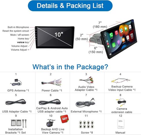 ستيريو سيارة بشاشة لمس واحدة Din، راديو سيارة 10 بوصة مع Apple CarPlay Android Auto قابل للفصل، ستيريو سيارة Android مع كاميرا AHD 1280x720 QLED 2+32GB USB WiFi BT GPS AM/FM-S7R102U1 in Kuwait