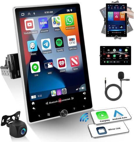 2+64G Android 13 Single Din Car Stereo 10.4 بوصة تعمل باللمس مع Apple Carplay Android Auto Mirror Link 50 Theme 180° تدوير الشاشة FM RDS DSP SWC Bluetooth WiFi GPS+AHD Camera & MIC in Kuwait