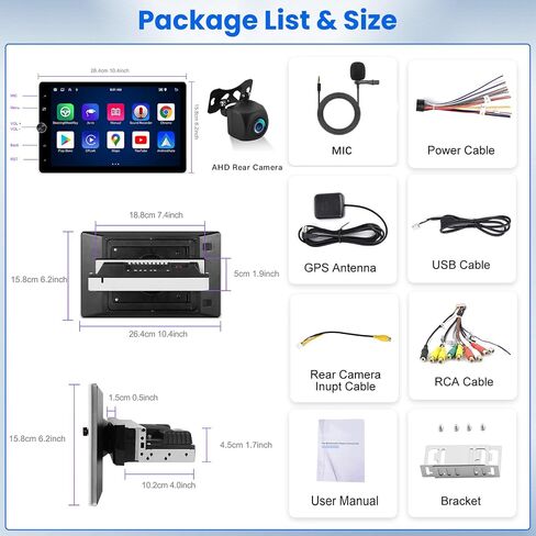 2+64G Android 13 Single Din Car Stereo 10.4 بوصة تعمل باللمس مع Apple Carplay Android Auto Mirror Link 50 Theme 180° تدوير الشاشة FM RDS DSP SWC Bluetooth WiFi GPS+AHD Camera & MIC in Kuwait