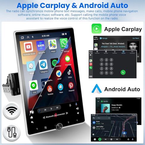 2+64G Android 13 Single Din Car Stereo 10.4 بوصة تعمل باللمس مع Apple Carplay Android Auto Mirror Link 50 Theme 180° تدوير الشاشة FM RDS DSP SWC Bluetooth WiFi GPS+AHD Camera & MIC in Kuwait