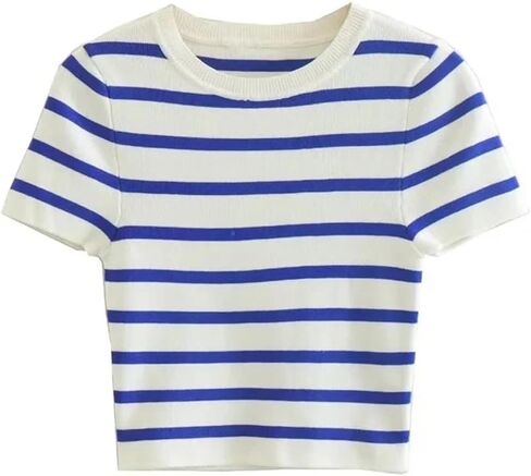 Women's Striped Short Sleeve Sweater Tops Spring Summer Knit Cropped O-Neck Casual T Shirts in Saudi Arabia