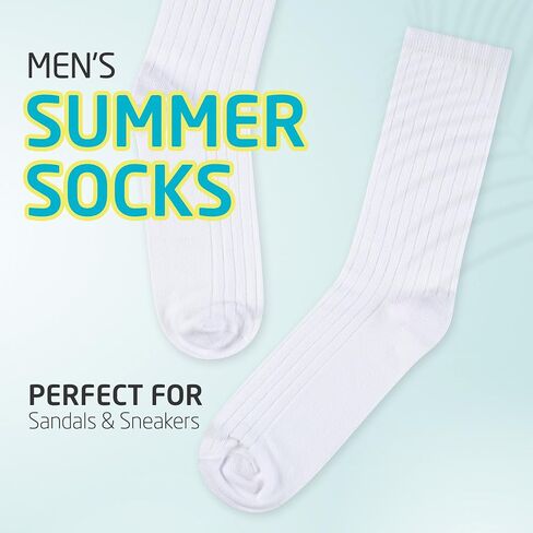 HOT FEET Thin Crew Summer Socks for Men - 5 Pack, Breathable, Moisture Wicking, Lightweight, Ribbed Cotton Socks, Sizes 7-17 in Saudi Arabia