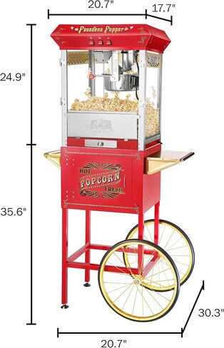 Pasadena Popcorn Machine with Cart- Popper Makes 3 Gallons- 8-Ounce Kettle, Old Maids Drawer, Warming Tray & Scoop by Great Northern Popcorn (Red) in Saudi Arabia