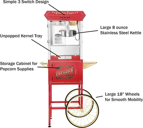 Pasadena Popcorn Machine with Cart- Popper Makes 3 Gallons- 8-Ounce Kettle, Old Maids Drawer, Warming Tray & Scoop by Great Northern Popcorn (Red) in Saudi Arabia