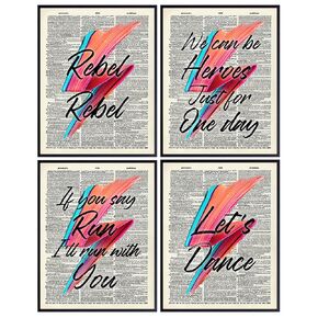 David Bowie Quotes Poster Print Set - 4-8x10 Ziggy Stardust Dictionary Wall Art Decor Photos- Cool Unique Gift for 80s Music, Punk Rock Fan, Musician - Decoration for Bedroom Living Room, Dorm, Bar