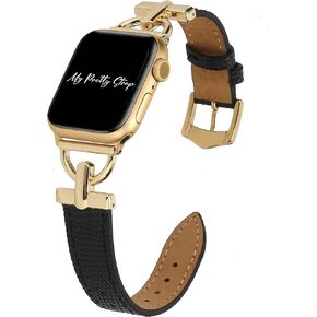 My Pretty Strap Glam Leather Band Compatible with Apple Watch 38/40/41mm or 42/44/45/49mm, Stainless Steel and Genuine Leather for Women
