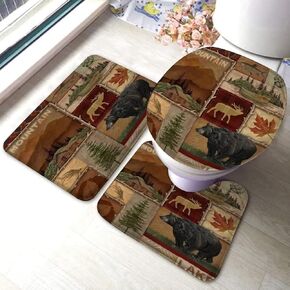 Lodge Style Northwoods Cabin Bathroom Rugs Sets 3 Piece Rustic Bear Moose Bath Mats for Bathroom Non Slip Washable Floor Mats Vintage Deer Moose Bath Rugs with U-Shaped Contour Rug Toilet Lid Cover