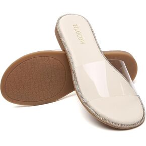 Tilocow Women Clear Sandals for Womens Rhinestone Decor Slides Slip on Bling Sandals Daily Casual Beach Summer Flat Shoes