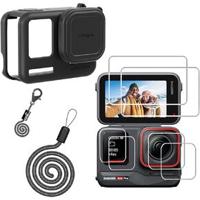 Silicone Case Bag with Lens Cap Screen Protector for Insta360 ACE PRO,debous Soft Rubber Cover Protection LCD Lens Glass Screen Protective (Black)