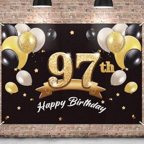 Happy 97th Birthday Banner Backdrop - 97 Birthday Party Decorations Supplies for Men - Black Gold 4 x 6ft