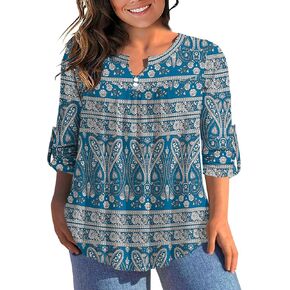 AMCLOS Womens Tops Plus Size V Neck T-Shirts Blouses Casual Flowy Pleated Floral Tunic Long Roll Tab Sleeves