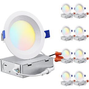 TORCHSTAR 8-Pack 5CCT 4 Inch Slim LED Recessed Lighting with Junction Box, Anti-Glare Baffle Trim, CRI90 Dimmable Aluminum Ceiling Downlight, Air Tight & IC Rated, 2700K3000K3500K4000K5000K Selectable