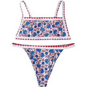 MakeMeChic Women's 2 Piece Bathing Suit Floral Print Contrast Binding Backless High Cut Bikini Set Swimsuit