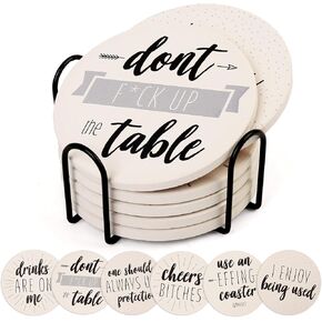 LotFancy Funny Coasters for Drinks Absorbent with Holder, 6PCS Ceramic Coasters with Cork Base, Round Coasters with 6 Sayings, Non-Slip, Bar Room Decor Housewarming Gift