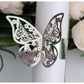 50pcs Laser Cut 3D Butterfly Paper Napkin Rings Napkin Holder for Thanksgiving Day Easter Christmas Home Kitchen Hotel Dinners Tables Home Wedding Anniversray Party Tables Decorations (Silver)