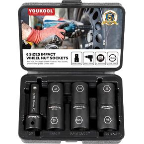 1/2-Inch Drive Impact Socket Set: 3 Dual-Ended Sockets, 6 Sizes, with 3" Extension Bar | Ideal for Common Inch & Metric Wheel Nuts | Durable Cr-Mo Steel, Professional Grade Durability
