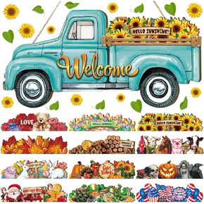 Ferraycle Interchangeable Welcome Sign Truck Decor Hanging Sign Farmhouse Seasonal Welcome Signs Rustic Interchangeable Holiday Decor with 12 Holiday Icons for Spring Summer(Blue Lateral Style)