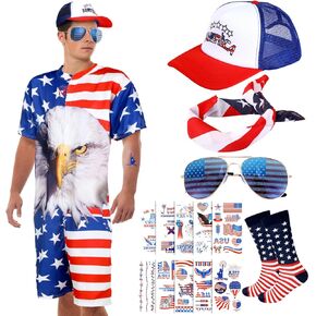 15 Pcs 4th of July Costumes Men American Flag Zipper Outfits USA Flag Hat Sunglasses Sock Tattoo for Independence Day