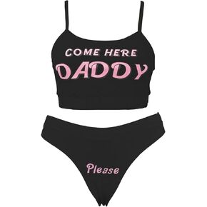 SOLILOQUY Come Here Daddy Please Lingerie Set for Women Bra Crop Top and Panty Set 2Pcs Cosplay Sleepwear Pajamas