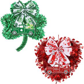 Capoda 2 Pcs St. Patrick's Door Wreath Lucky Shamrocks Wreaths Decorations Irish Clover Heart Shaped Decor with Wooden Truck and Bow for St. Patrick's Valentines Front Door Wall Decor
