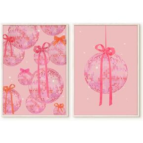 2Pcs Pink Disco Ball Wall Art Trendy Coquette Bows Canvas Posters Prints Funky Preppy Pink and Orange Aesthetic Wall Decor Pictures for Girly Dorm Room Apartment Decoration, 12x16in Unframed