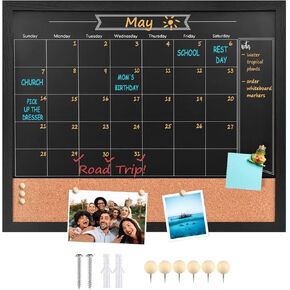 Chalkboard Calendar & Cork Bulletin Board，13" x 17" Black Wood Frame，Magnetic Surface Chalkboard.Perfect for Office, Home School Message Board,Chalkboard+Cork-3343B-BK