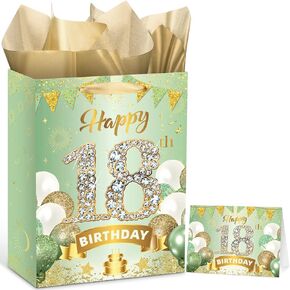 Sage Green 18th Birthday Gift Bag for Girls Green Happy 18th Birthday Paper Bag with 18th Birthday Wrapping Paper and Greeting Card 18th Birthday Kraft Wrapping Bags for 18th Birthday Decorations