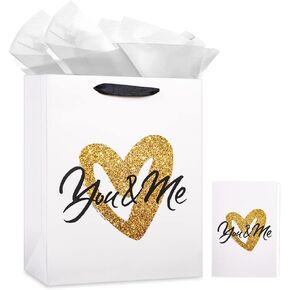 SICOHOME Large Anniversary Paper Gift Bag with Tissue Paper 13" You and Me Valentine's Day Gift Bag with Tissue Paper and Greeting Card for Husband Wife Boyfriend Girlfriend Newlyweds