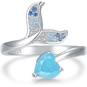 Sterling-Silve Adjustable Heart Ring for Women - Mermaid Tails Ring Dolphin Whale Tail Rings for Her Cute Ocean Animal Open Finger Ring with Heart Blue Paraiba Stone Valentine's Day Birthday Christmas Jewelry Gifts for Women