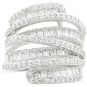 Rhodium Plated Baguette Cubic Zirconia Wide Band Cocktail Ring