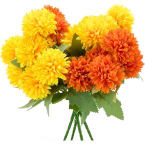 Artificial Marigold Flowers, 4 Pack 12 Inch Silk Marigold Flower Heads Bouquet for Day of The Dead Decor Halloween Decoration Dia De Los Muertos Home Decoration, Orange & Yellow