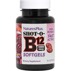 Natures Plus Shot-O-B12 (سيانوكوبالامين) - 5000 ميكروجرام، 30 كبسولة هلامية - مكمل B12 عالي الفعالية وسريع المفعول - معزز للذاكرة والطاقة - خالي من الغلوتين - 30 وجبة in Kuwait