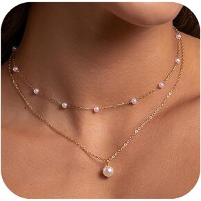Gold Pearl Necklaces for Women, 18K Gold Plated Layered Necklace for Women Dainty Pearl Choker Necklace Pendant Trendy Simple Jewelry Gifts