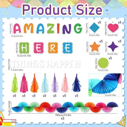 Qilery 86 Pcs Classroom Bulletin Board Decoration Amazing Things Happen Here Bulletin Board Cutouts Paper Fans Garlands Tassel Motivational Decor for School Preschool Elementary Chalkboard Wall Door in Saudi Arabia